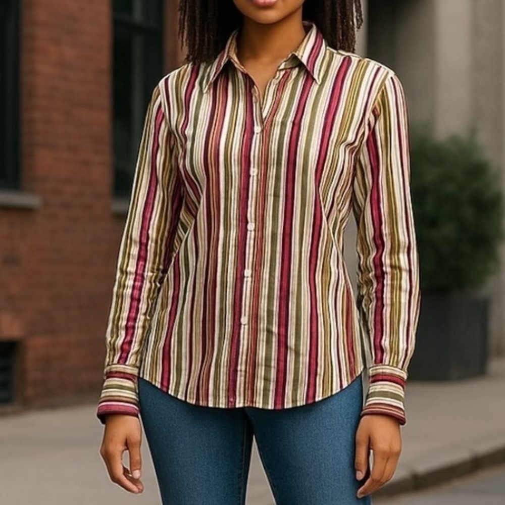 New York & CO Women’s Stretch Collared  Long Sleeve Glitter Striped  Size M